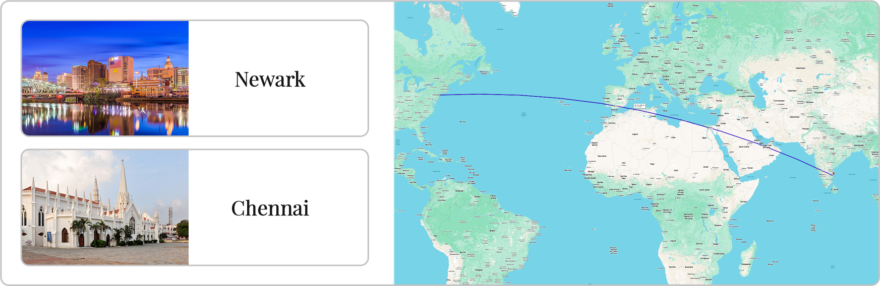 Flights from Newark to Chennai route