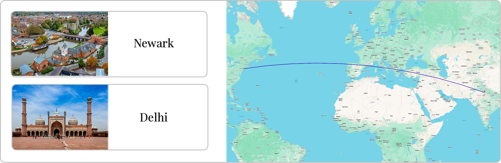Flights from Newark to Delhi route