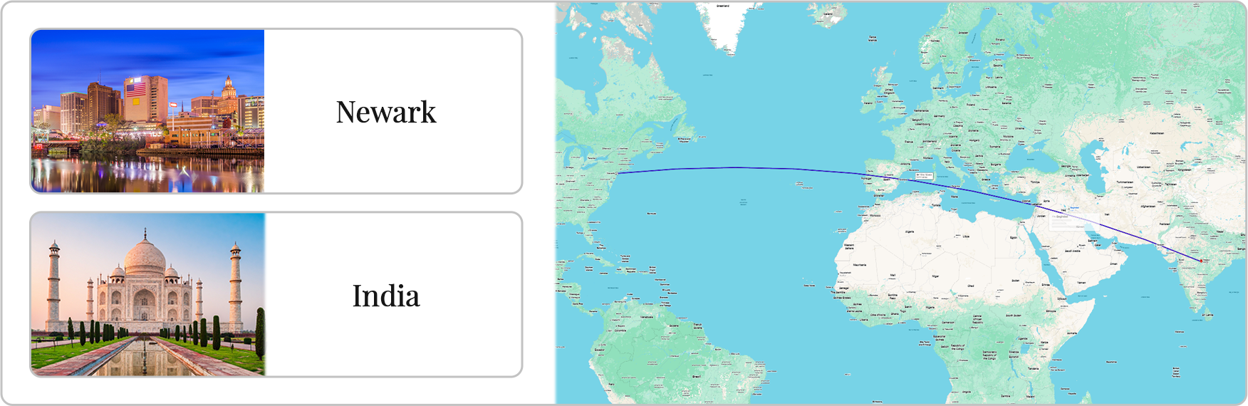 Flights from Newark to India route
