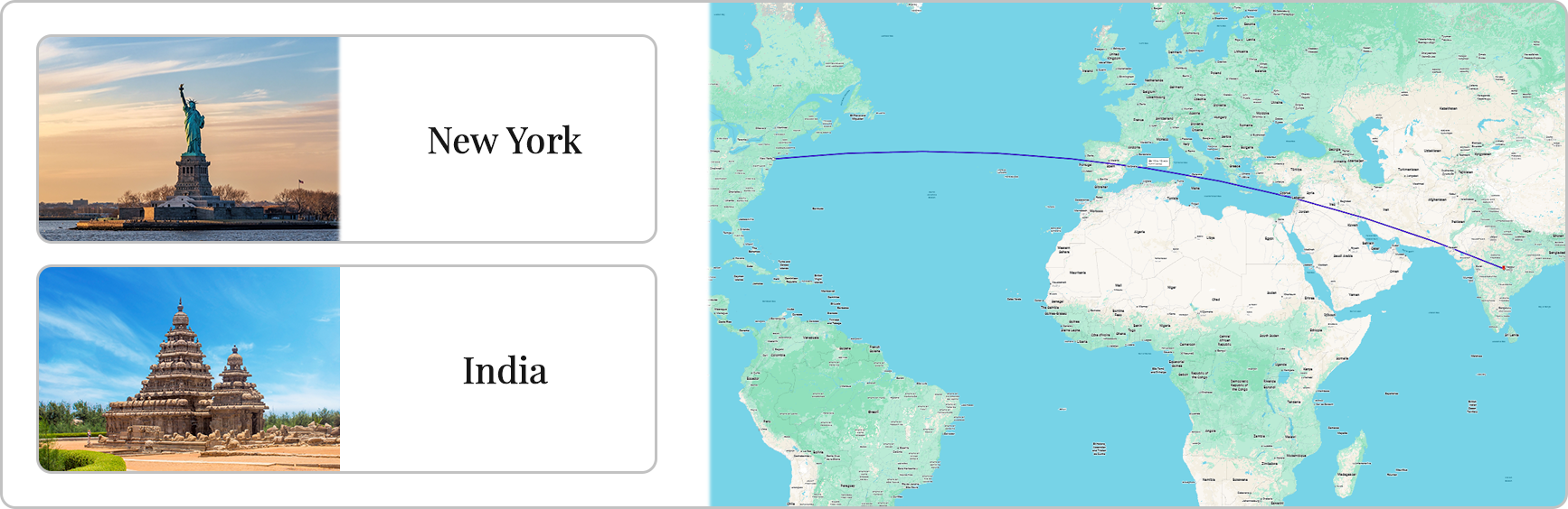 Flights from New York to India route
