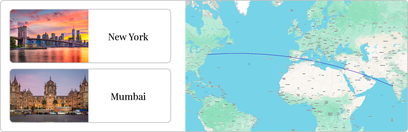 Flights from New York to Mumbai route